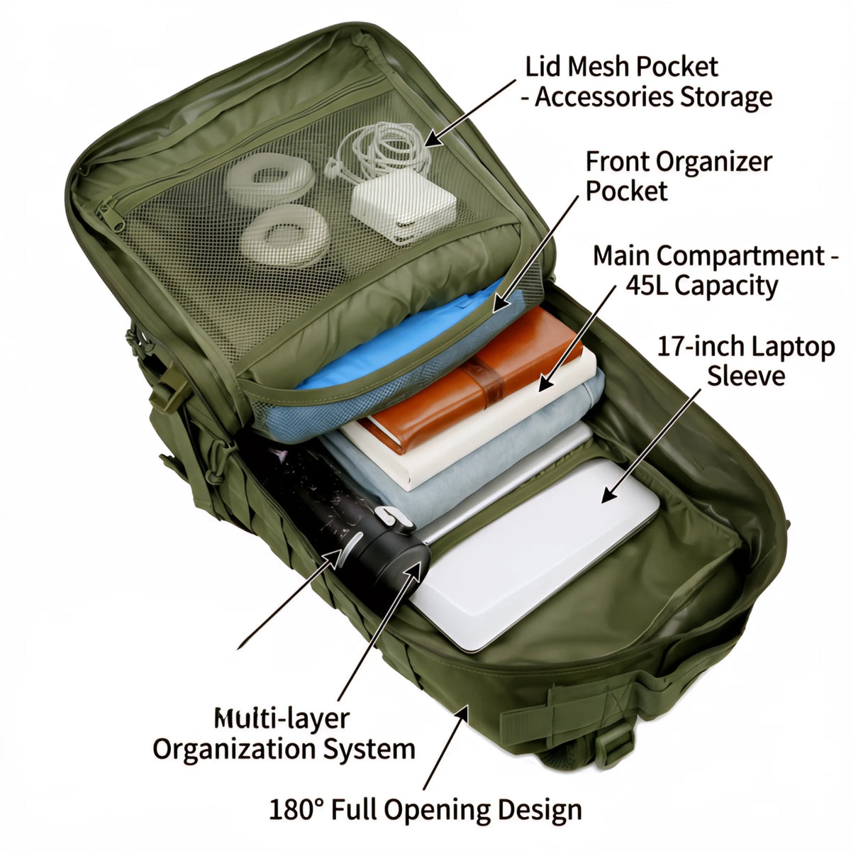 45L Tactical Travel Backpack Molle Storage Bag Large Capacity Multi Pocket Wear Resistant Camping Hiking Trekking Rucksack Durable Outdoor Mountain Climbing Daypack For Men Women Travellers Bushcraft Wilderness Trip Daily Commute Luggage Bag