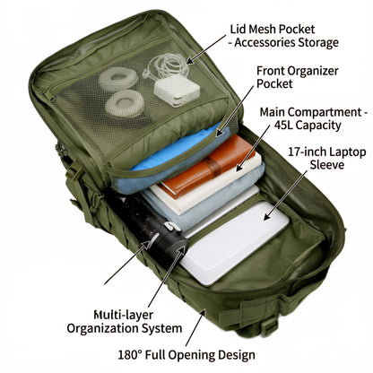 45L Tactical Travel Backpack Molle Storage Bag Large Capacity Multi Pocket Wear Resistant Camping Hiking Trekking Rucksack Durable Outdoor Mountain Climbing Daypack For Men Women Travellers Bushcraft Wilderness Trip Daily Commute Luggage Bag