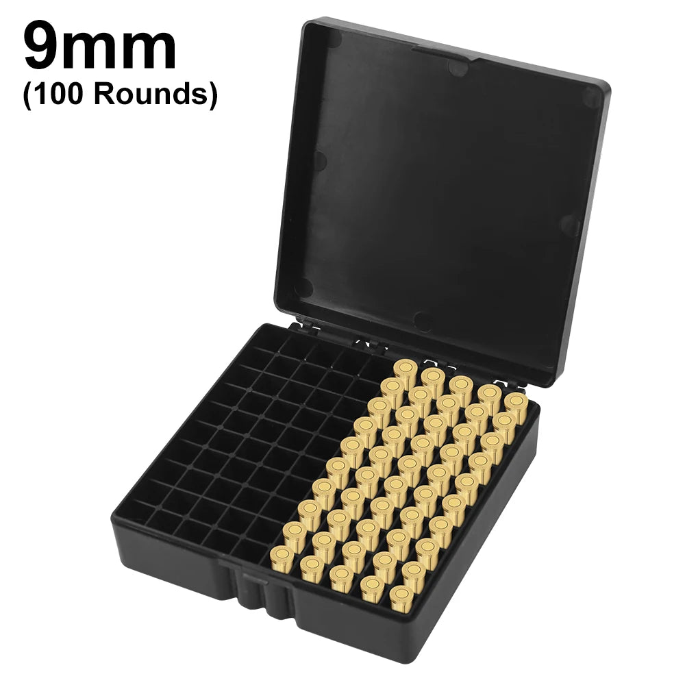 50/100 Rounds Tactical Bullet Box 9mm/.223/.38Super Pistol Rifle Ammo Carry Storage Box Flip-Top Bullets Case Hunting Accessory