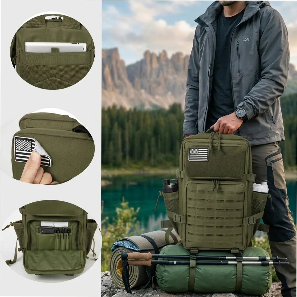 45L Large Capacity Tactical Hunting Backpack For Men With MOLLE Webbing System Dual Cup Holders Outdoor Survival Hiking Camping Rucksack For Wilderness Trip Travel Daily Work Commute Outdoor Camping Activities Gear Storage Backpack