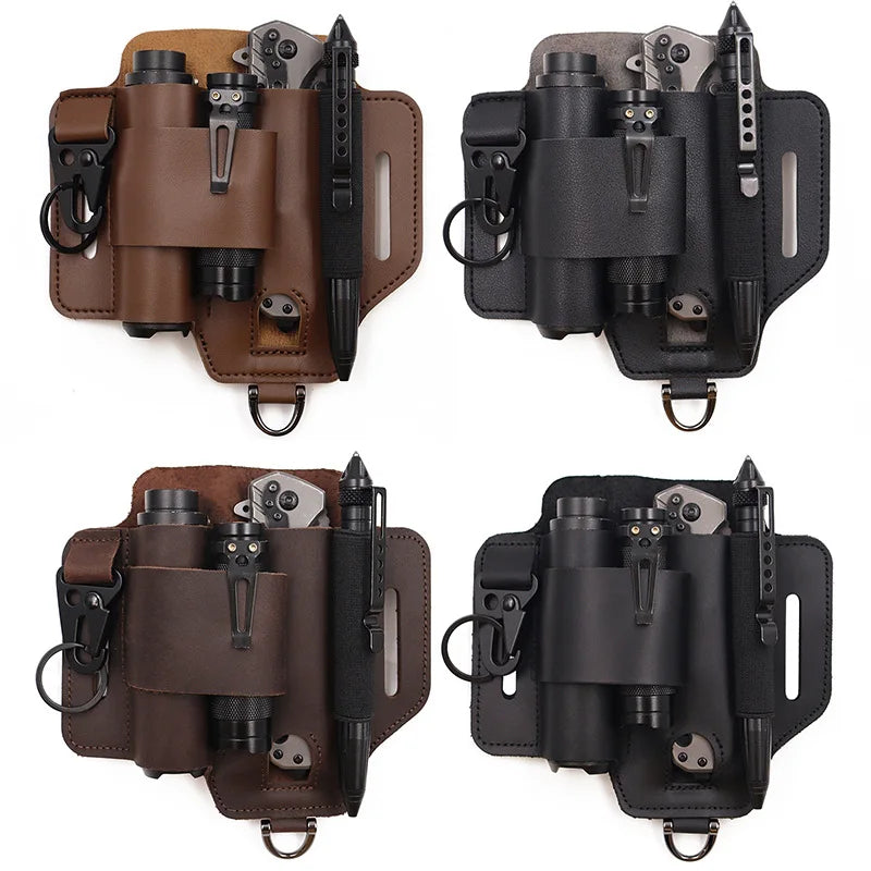 Tactical Multi Tool Belt Leather Bag Portable Tool Storage Bag Holster Key Holder Outdoor Camping Hunting Waist Leather Pocket