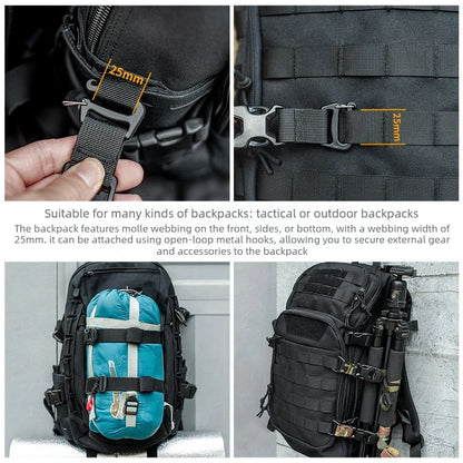 MOLLE Compression Straps with Buckle Clips, Reinforced Tie-Down for Sleeping Bags & Camera Mounts, for Tactical Backpacks.