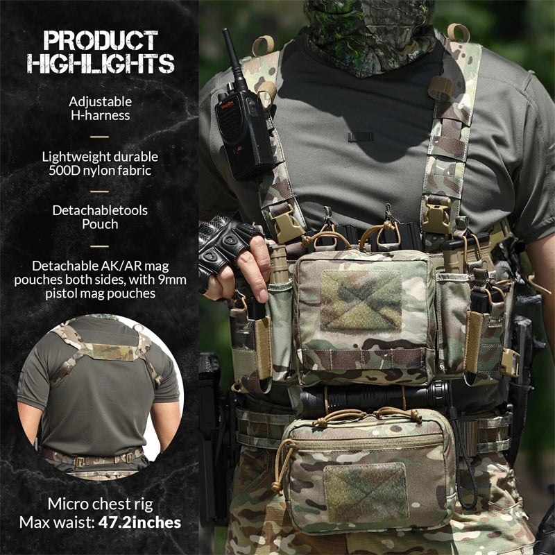 Lightweight Tactical Chest Rig Hunting Combat Vest Bag 500D Nylon Camouflage Quick Release With Two 9mmpistol mag Pouches