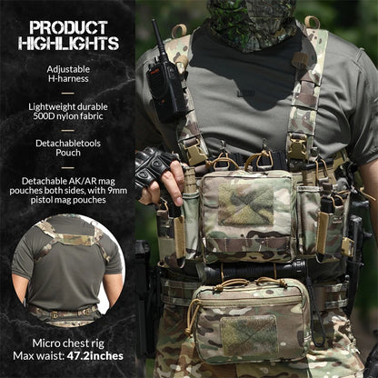 Lightweight Tactical Chest Rig Hunting Combat Vest Bag 500D Nylon Camouflage Quick Release With Two 9mmpistol mag Pouches