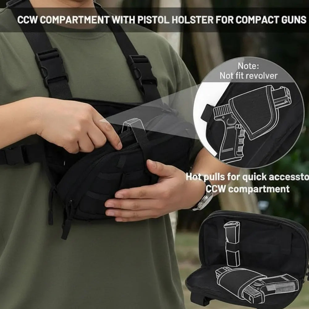 Molle Pistol Bag Tactical EDC Chest Bag with Gun Holster Quick Release Chest Rig Pack Vest Backpack for Camping Hunting