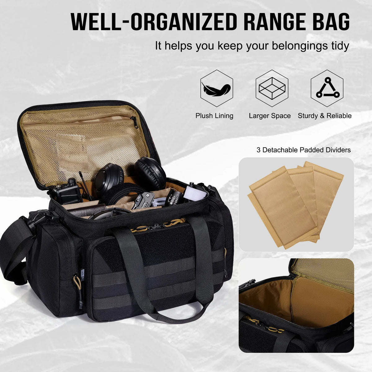 ONETIGRIS Range Bag, Hunting Shooting Range Bags for Handgun with 3 Removable Dividers Duffle Bag for Fishing, Hiking,Sports