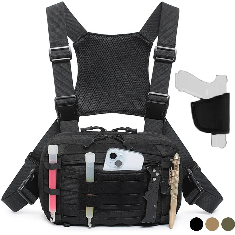 Molle Pistol Bag Tactical EDC Chest Bag with Gun Holster Quick Release Chest Rig Pack Vest Backpack for Camping Hunting