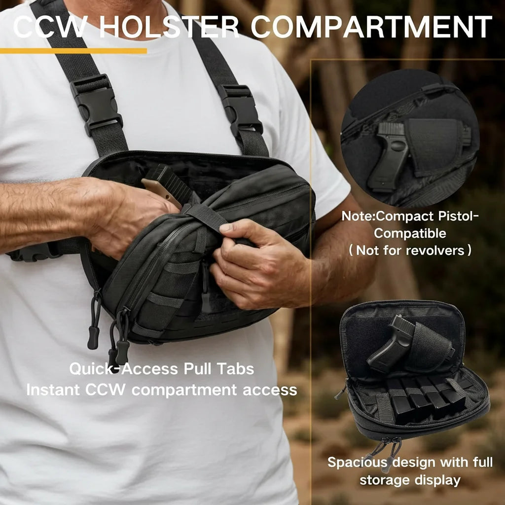 Tactical Chest Rig Bag with Gun Holster Hunting Chest Pack Quick Release Molle Admin Pouch Utility EDC Chest Pouch Pistol Bag