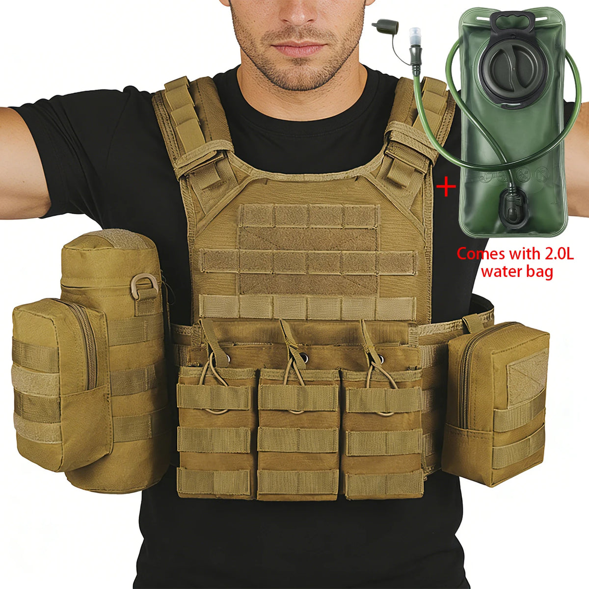 2L soft water bag with long drinking straw and hunting vest Molle modular adjustable shoulder strap, highly expandable