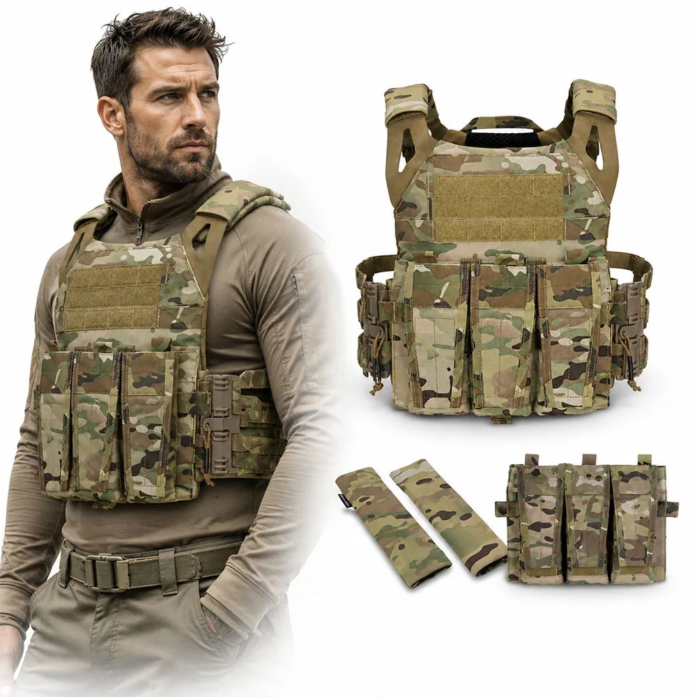 JPC 2.0 Tactical Vest with 5.56 Triple Mag Pouch Shoulder Pads Military Airsoft Chest Rig for Outdoor Hunting Combat Training
