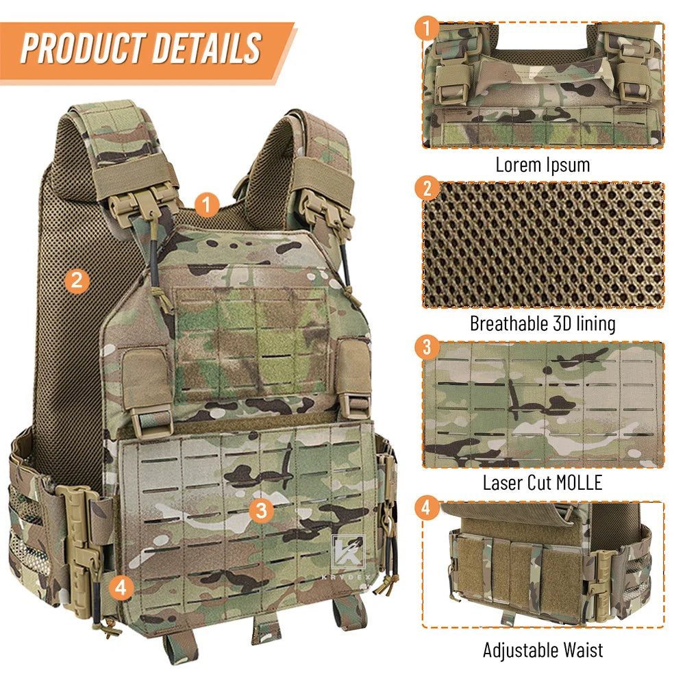 KRYDEX Tactical Laser Cut MOLLE Vest 500D Nylon LAVC Quick Release Plate Carrier Hunting Paintball Plate Carrier