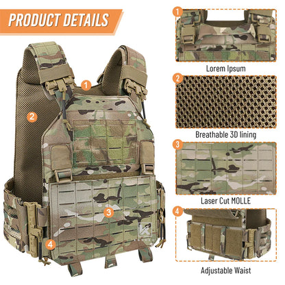 KRYDEX Tactical Laser Cut MOLLE Vest 500D Nylon LAVC Quick Release Plate Carrier Hunting Paintball Plate Carrier