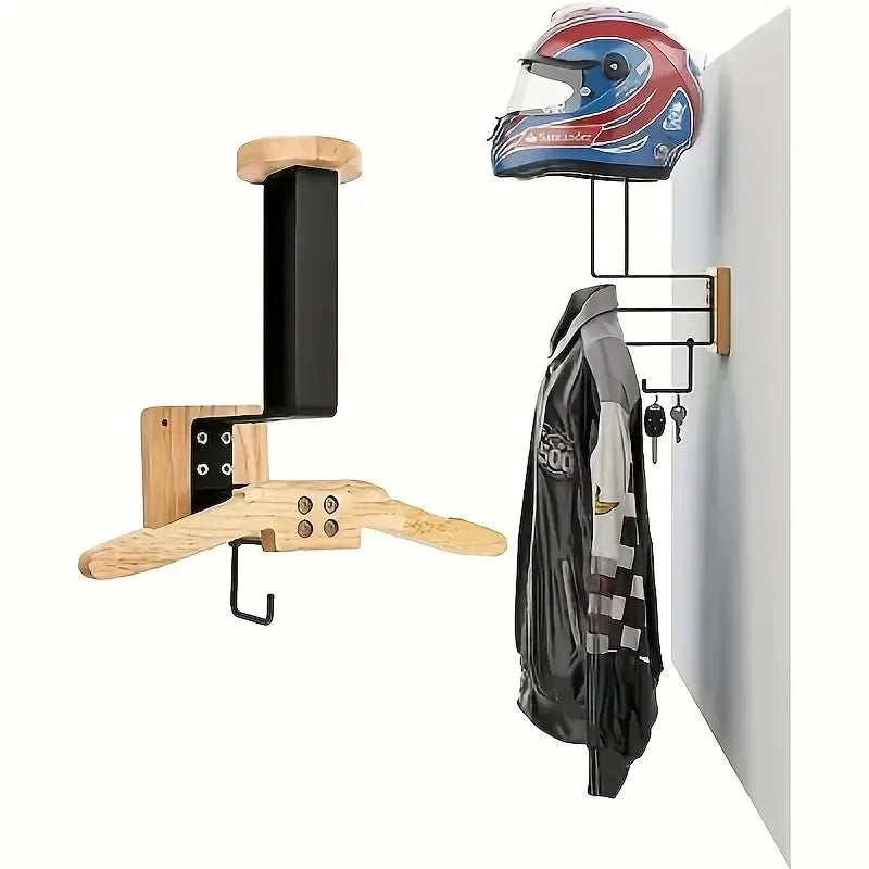 Stainless Steel Wall Mount with Wooden Motorcycle Helmet Holder for Tactical Helmets, Vests and Motorcycle Accessories Storage
