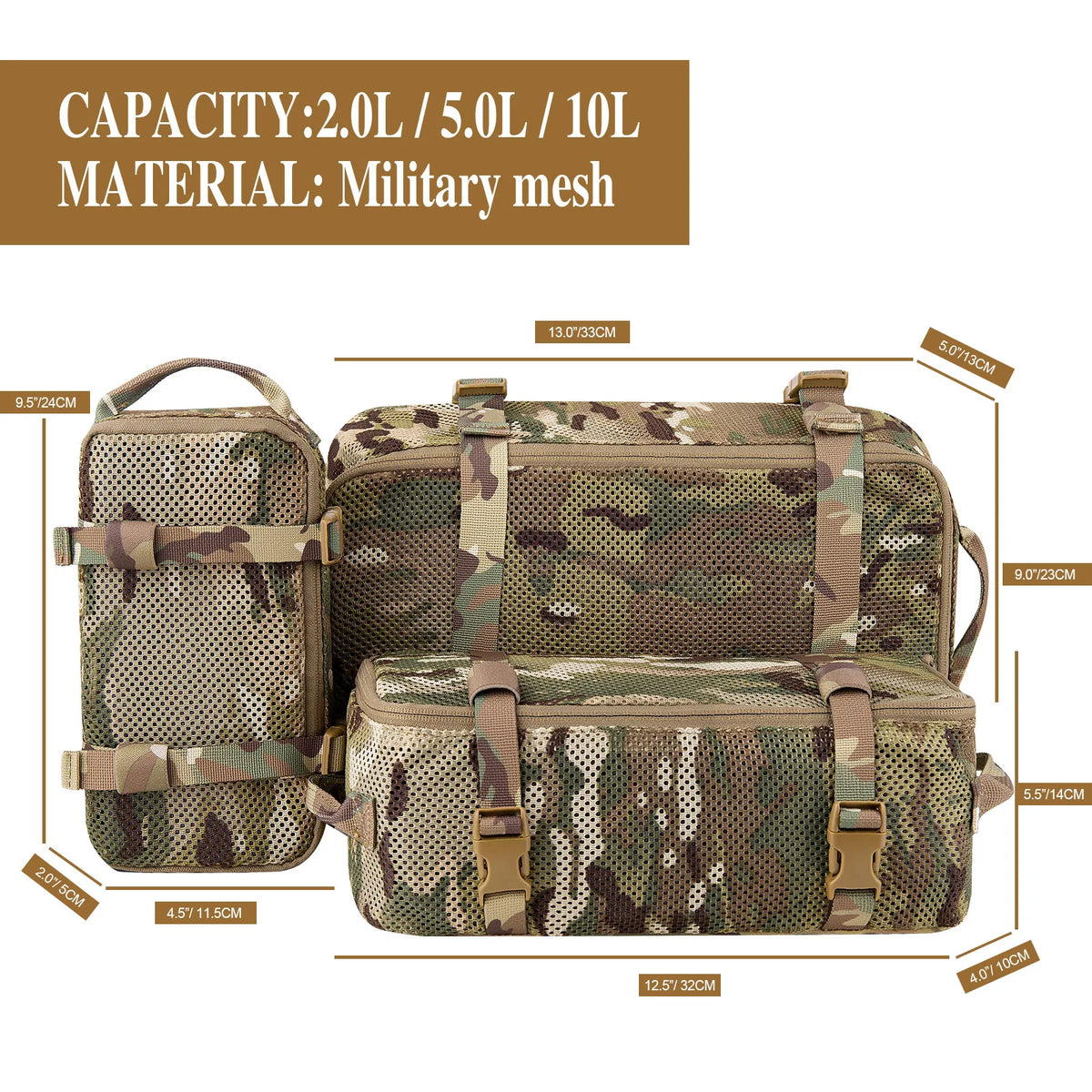 KRYDEX Tactical 3PCS Modular Mesh Pouch Set Outdoor Backpack Organizer Travel Suitcase Storage Bag Packing Cubes Hunting Gear