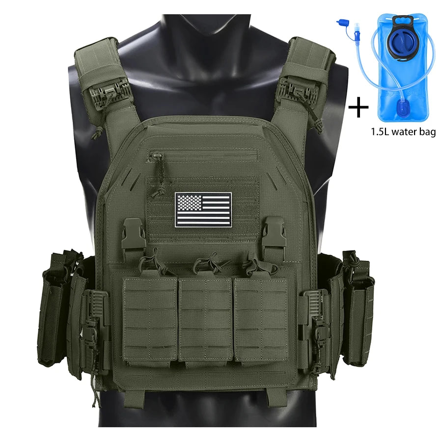 Outdoor camouflage vest with modular pockets and 1.5-liter water bag, suitable for hiking and exploration