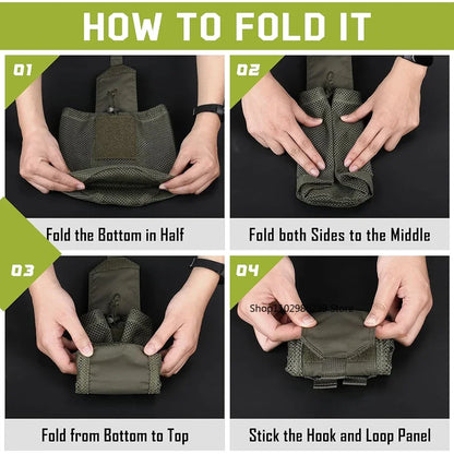 Tactical MOLLE Dump Pouch – Roll-Up Drawstring Magazine Utility Bag Folding Waist Bag with Mesh EDC Pocket for Hunting, Shooting