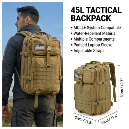 45L Tactical Hunting Backpack Molle Camo Water Resistant Outdoor Field Bag Camping Hiking Trekking Bushcraft Survival Bug Out Bag Large Capacity Rucksack Daypack Men Women Hunters Durable Wear Resistant Heavy Duty Multi Pocket Trail Wilderness Hunting