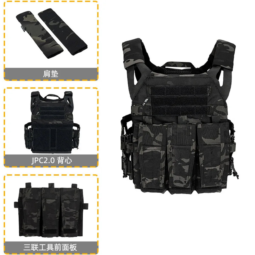 JPC 2.0 Tactical Vest with 5.56 Triple Mag Pouch Shoulder Pads Military Airsoft Chest Rig for Outdoor Hunting Combat Training