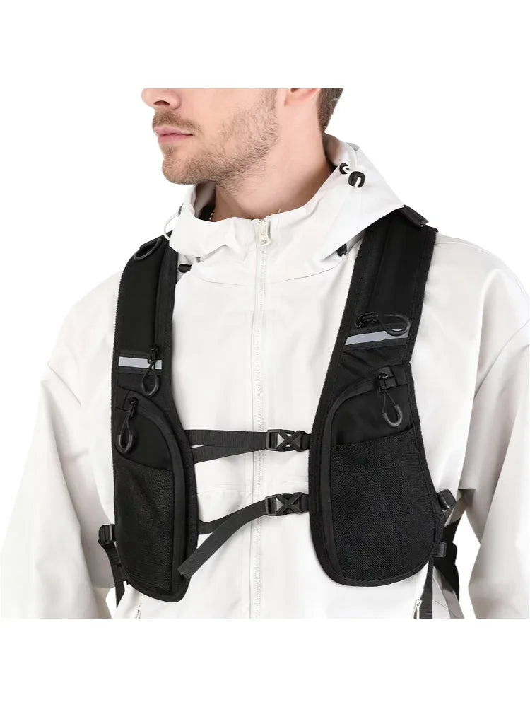 Black jacket vest with multiple pockets, quick release buckle for adjustable waist, outdoor sports reflective tape