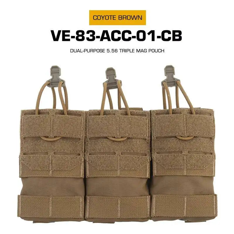 Dual Purpose 5.56 Triple Magazine Pouch MOLLE Bungee Cord Retention Tactical Vest K19 Plate Carrier Front Placard MAG Holder Bag
