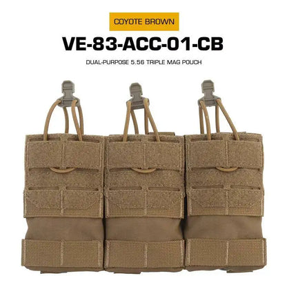 Dual Purpose 5.56 Triple Magazine Pouch MOLLE Bungee Cord Retention Tactical Vest K19 Plate Carrier Front Placard MAG Holder Bag