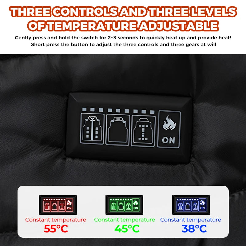 Heated Vest 21 Heating Areas Carbon Fiber Fast Heating 3 Levels Temperature Control Windproof Outdoor Riding Skiing Winter Coat