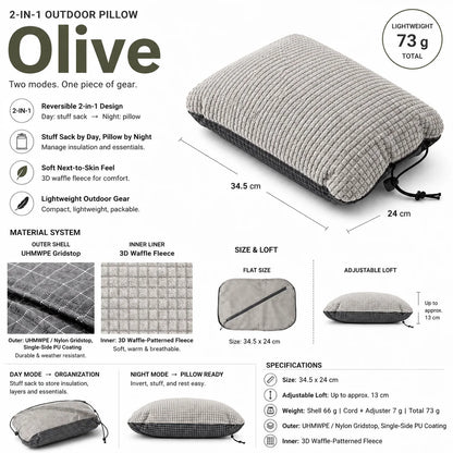 2 in 1  Reversible Stuff Sack Pillow Ultralight 73g UHMWPE Nylon 3D Waffle Fleece Camping Hiking Backpacking Pillow Storage Bag