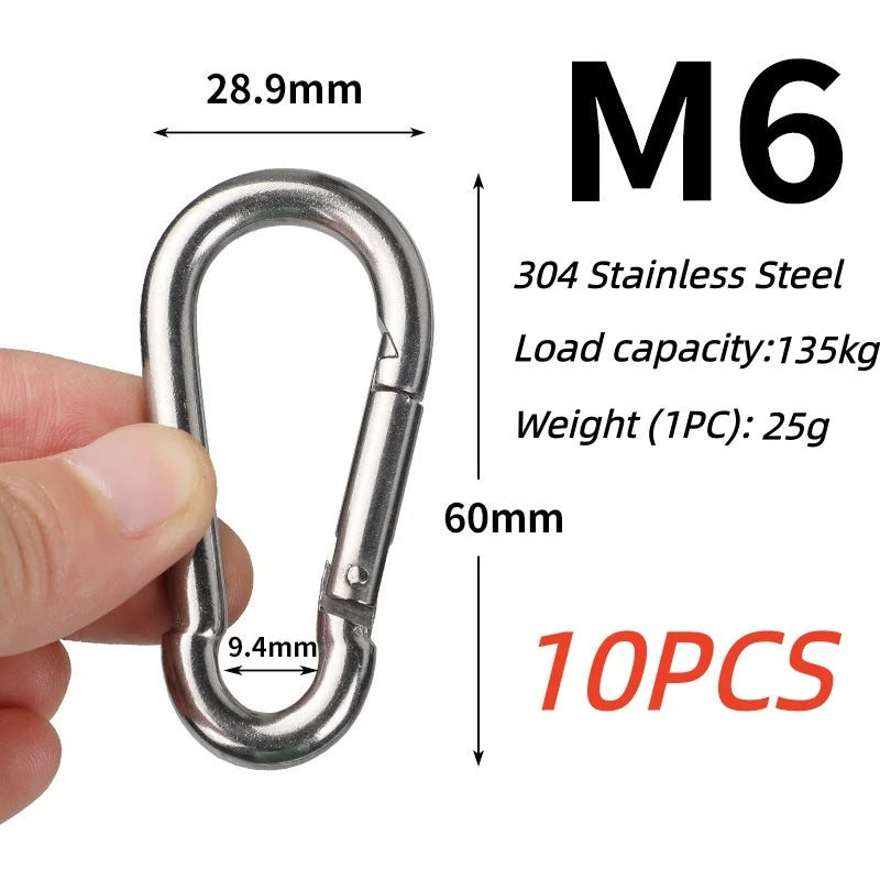 10PCS 304 Stainless Steel Carabiners,Rustproof Heavy Duty Spring Snap Hook,Metal Clips Buckle For Rope Chain Keys Rings