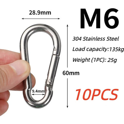10PCS 304 Stainless Steel Carabiners,Rustproof Heavy Duty Spring Snap Hook,Metal Clips Buckle For Rope Chain Keys Rings