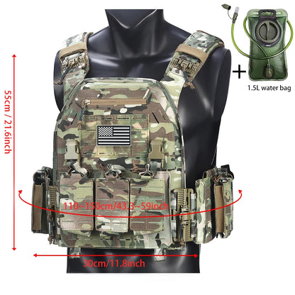 Outdoor camouflage vest with modular pockets and 1.5-liter water bag, suitable for hiking and exploration