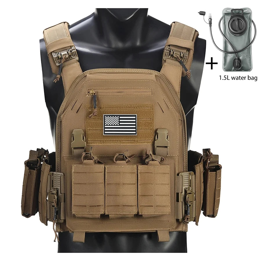 Outdoor camouflage vest with modular pockets and 1.5-liter water bag, suitable for hiking and exploration