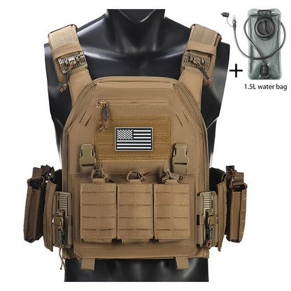Outdoor camouflage vest with modular pockets and 1.5-liter water bag, suitable for hiking and exploration