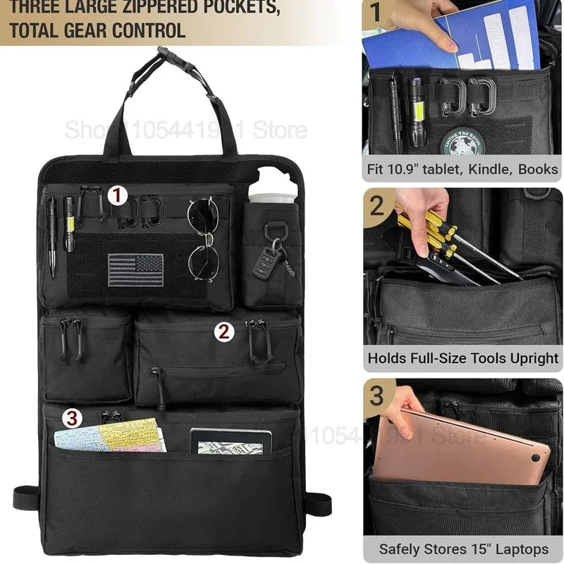 Tactical Car Seat Organizer with Multiple Pockets, Vehicle Backseat Storage Bag witth Cup Holder Hanging Rear SeatBag