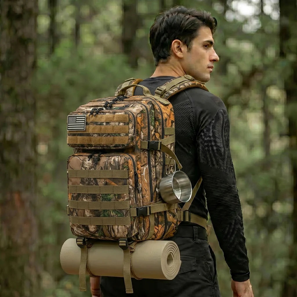 45L Tactical Travel Backpack Molle Storage Bag Large Capacity Multi Pocket Wear Resistant Camping Hiking Trekking Rucksack Durable Outdoor Mountain Climbing Daypack For Men Women Travellers Bushcraft Wilderness Trip Daily Commute Luggage Bag