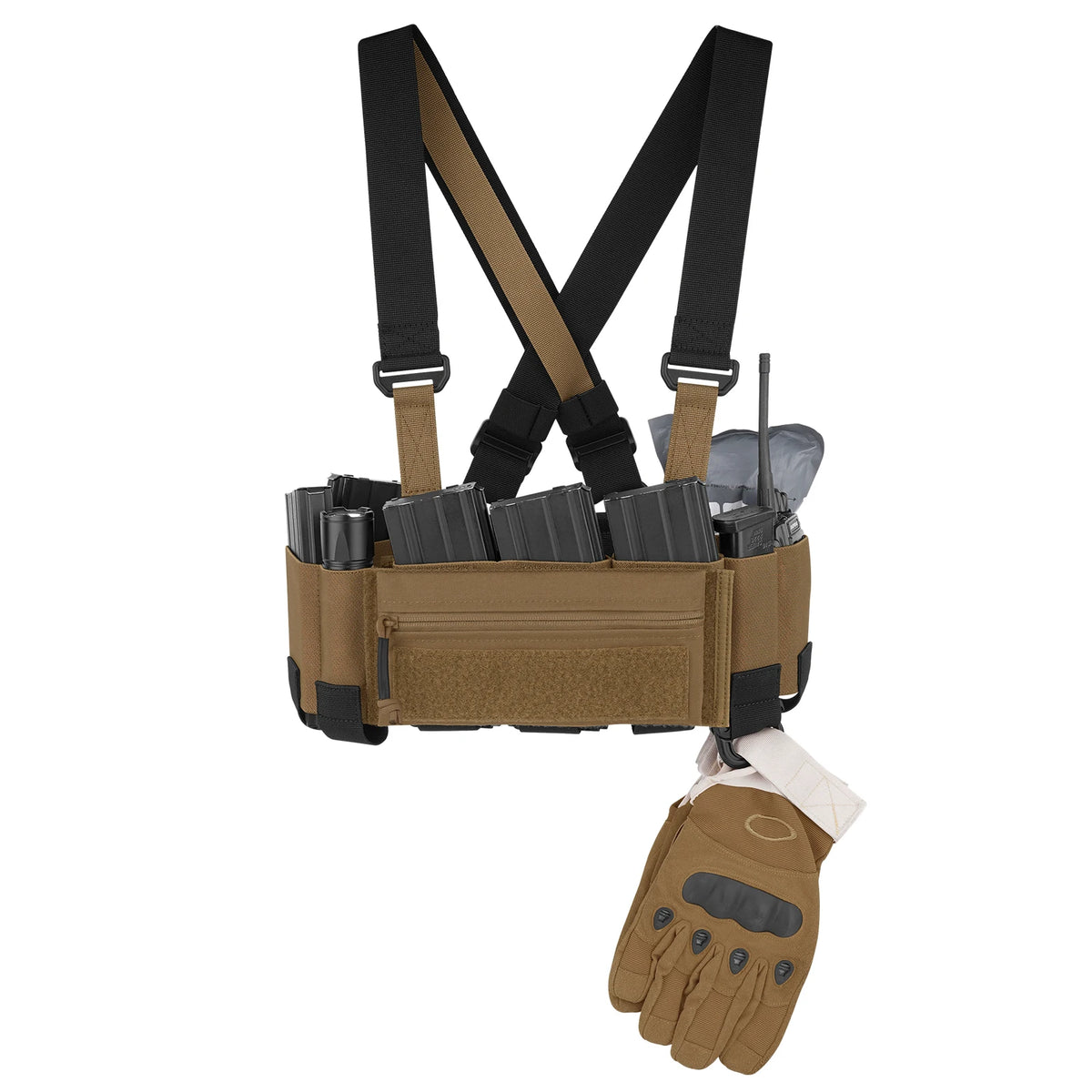 KRYDEX Tactical Nylon Chest Rig Elastic Cummerbund with 5.56/7.62 & Pistol Mag Pouch Holders,X Harness,Sticky GP Pouch
