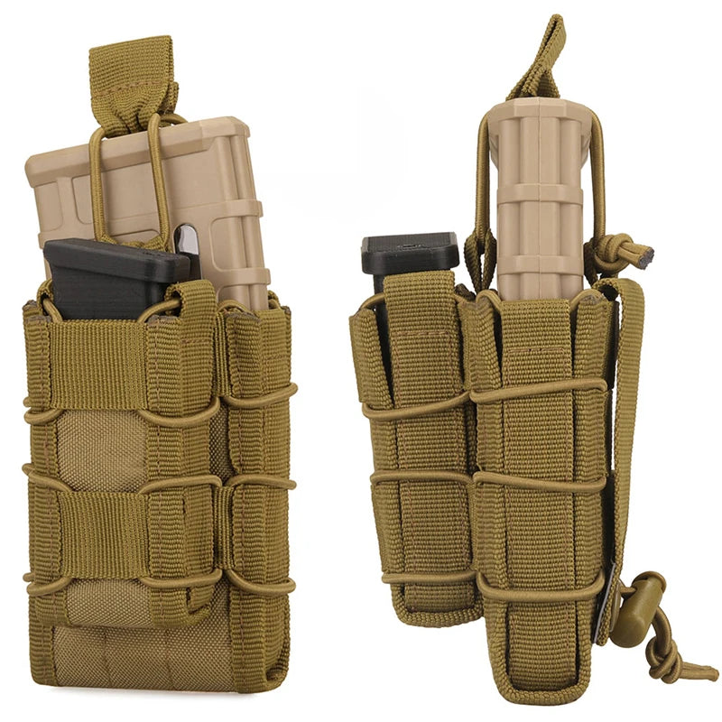 Tactical 2-in-1 Double Mag Pouch Rifle and Pistol Magazine Holder with Elastic Retention and MOLLE Webbing For Hunting