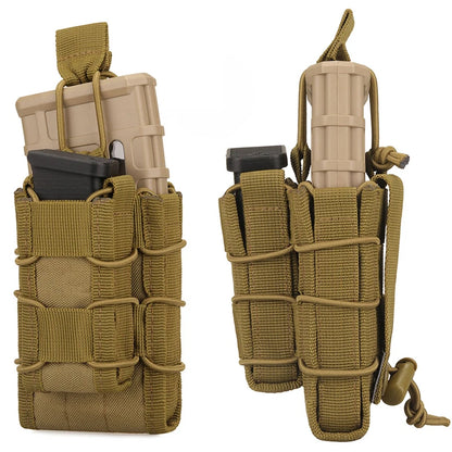 Tactical 2-in-1 Double Mag Pouch Rifle and Pistol Magazine Holder with Elastic Retention and MOLLE Webbing For Hunting