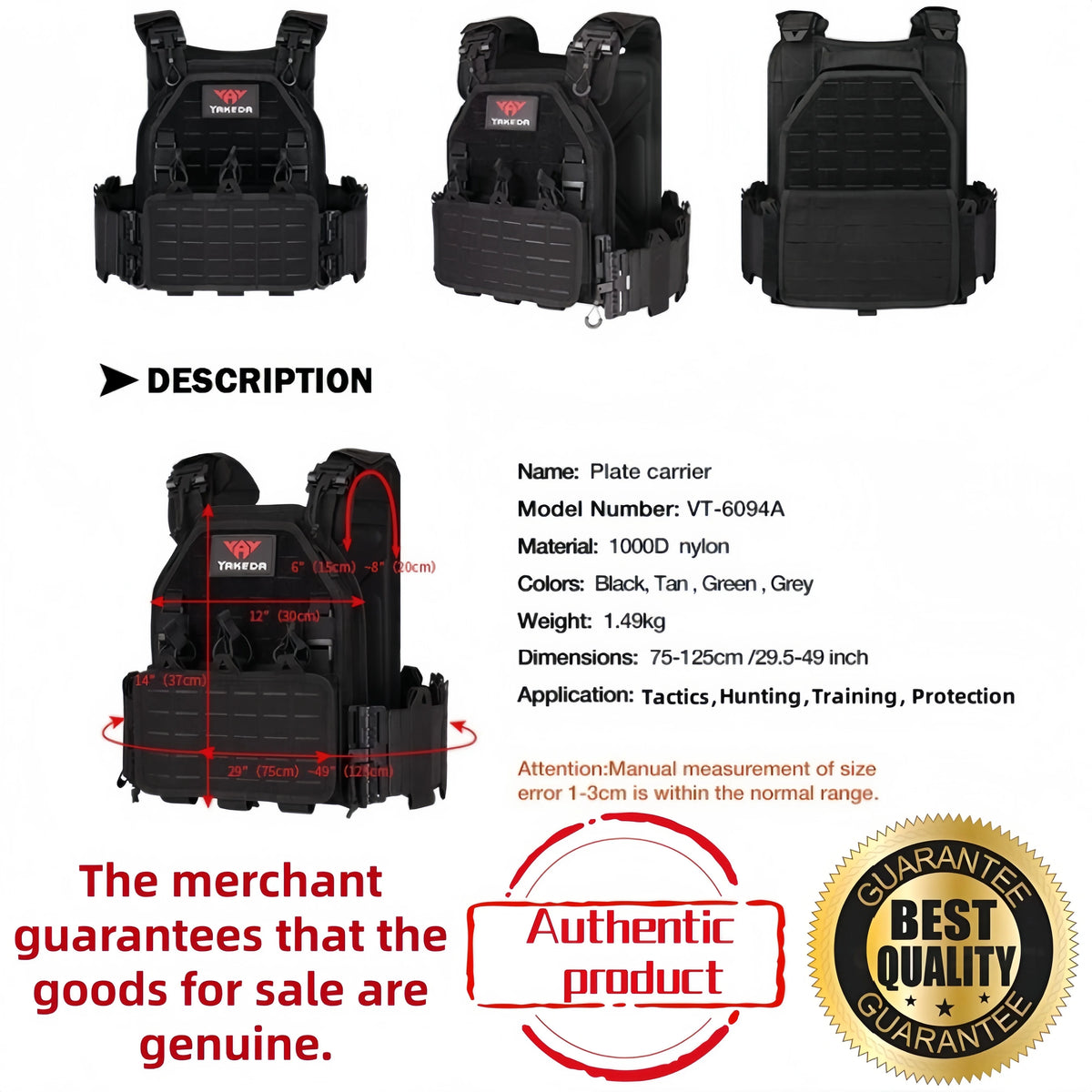 YAKEDA Tactical Vest Outdoor Hunting Plate Carrier Protective Adjustable Vest Airsoft Carrier Combat Equipment 6094 Vest