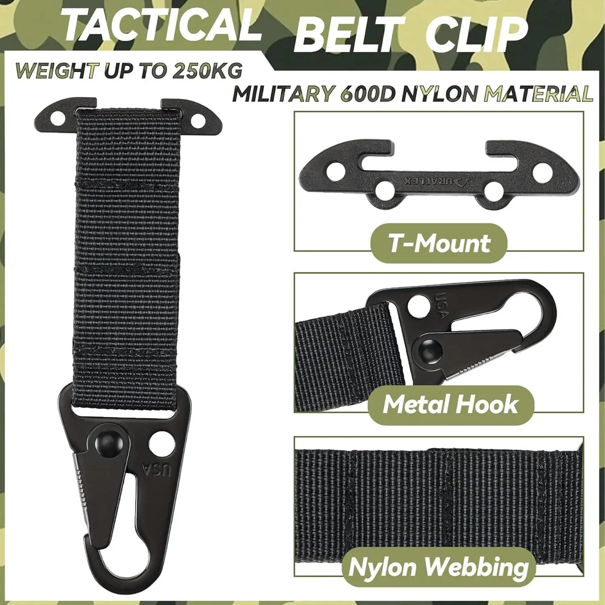 2PCS Sport Belt Clip T-Mount Molle Clip Hanging Carabiner Webbing Clip for Outdoor Backpack Vest Belt Hunting Accessories