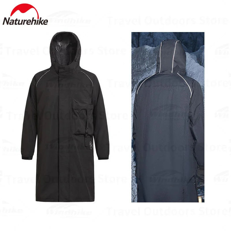 Naturehike Black Raincoat with Reflective Strip Fashion Adult Waterproof Long Raincoat Men Rain Coat Hooded For Outdoor Hiking