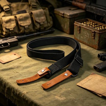 Retro AK Tactical Rifle Sling Adjustable Cotton Canvas Gun Strap with Genuine Leather Ends for Hunting Shooting