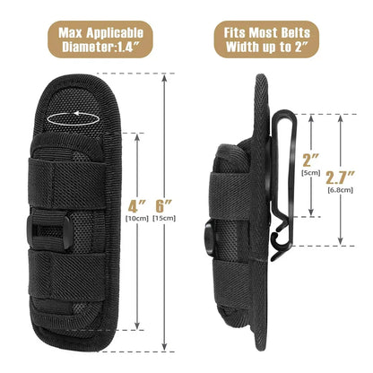 Tactical Flashlight Pouch Holster with Rotatable Holder And Belt Clip - 360 Degree Carabiner Reel Clip for Tactical Torch Carry