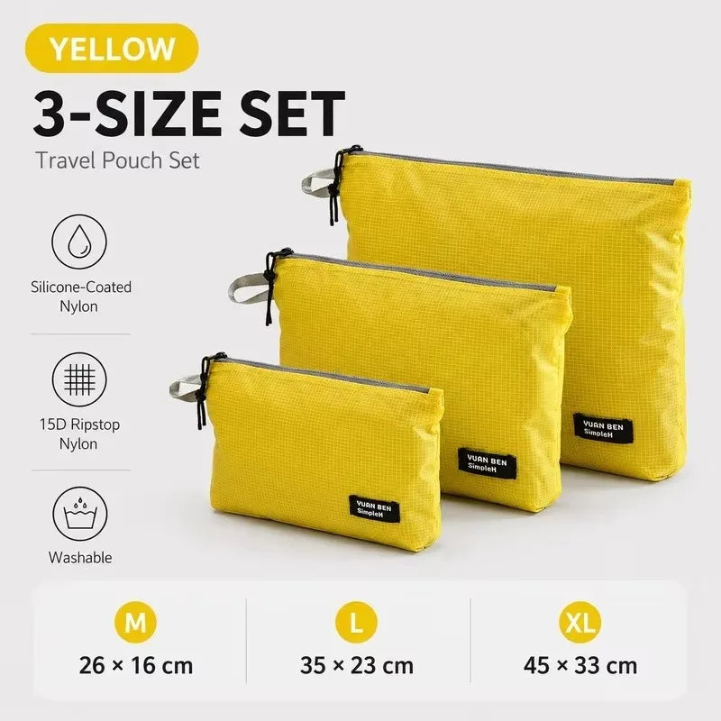 3PCS Ultralight Waterproof Travel Pouch Set 15D Silicone Coated Nylon Organizer Bags for Camping Hiking Backpack Packing
