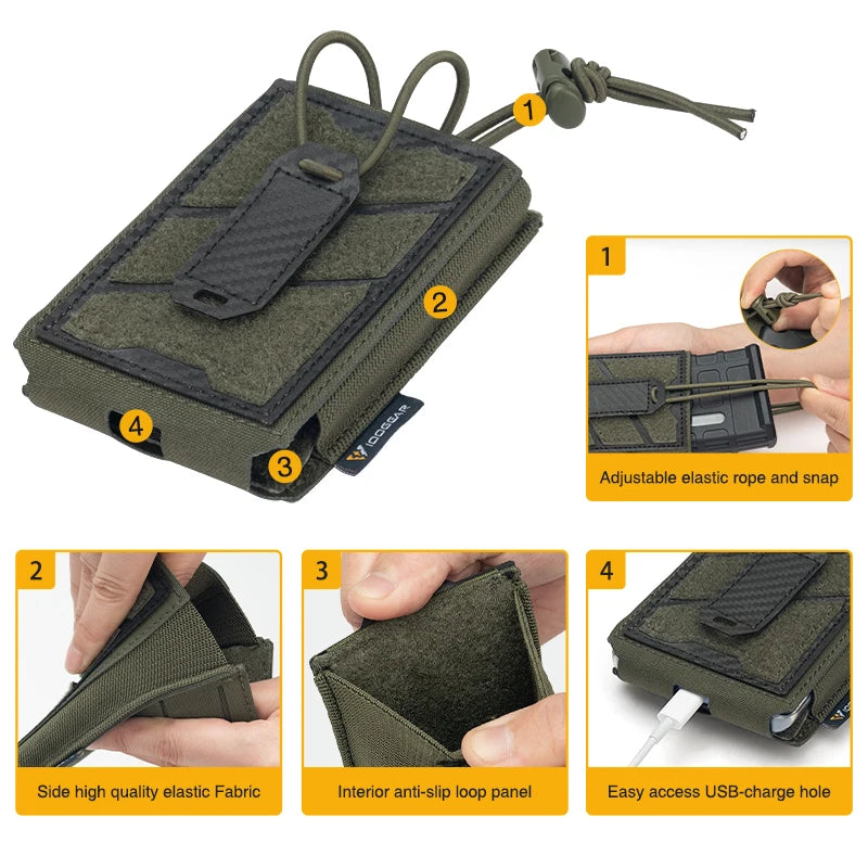 IDOGEAR TGS Tactical Universal Phone Pouch MOLLE 5.56 Mag Holder Adjustable Elastic Anti-slip Interior Charging Hole 3588