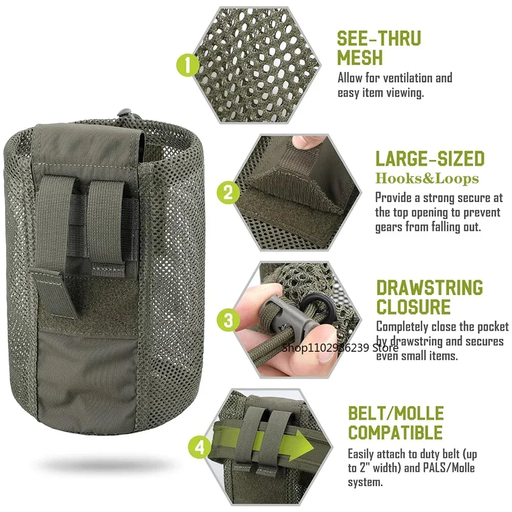 Tactical MOLLE Dump Pouch – Roll-Up Drawstring Magazine Utility Bag Folding Waist Bag with Mesh EDC Pocket for Hunting, Shooting