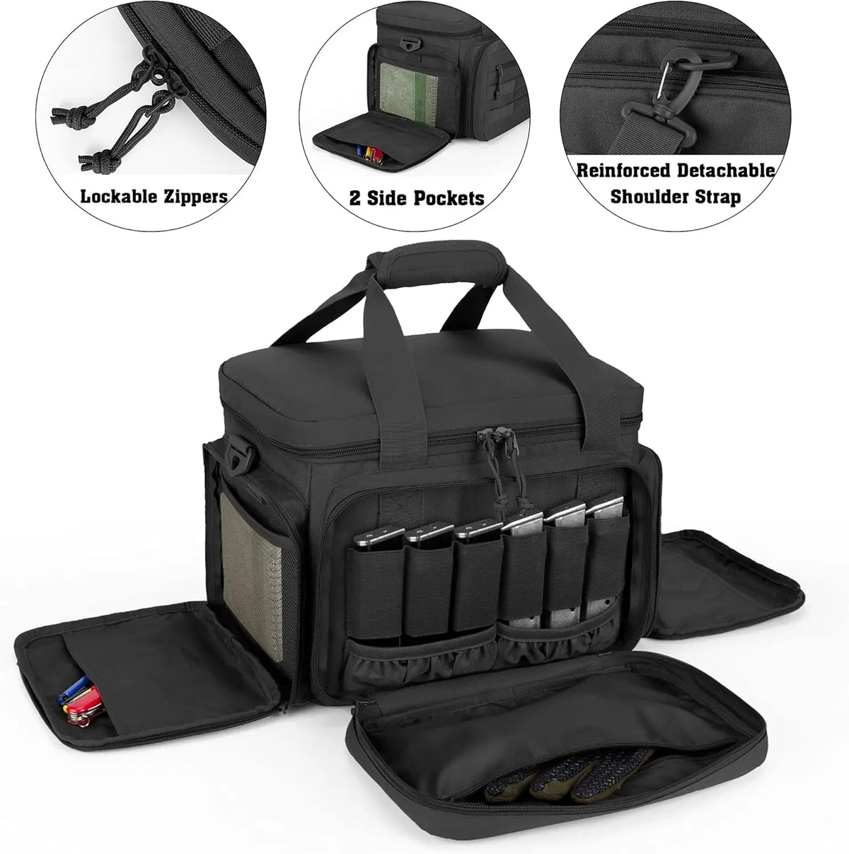 Tactical Gun Range Bag EDC Shoulder Bag Pistol Shooting Range Bag Hunting Carrying Case for 4 Handguns with 6 Magazine Slots