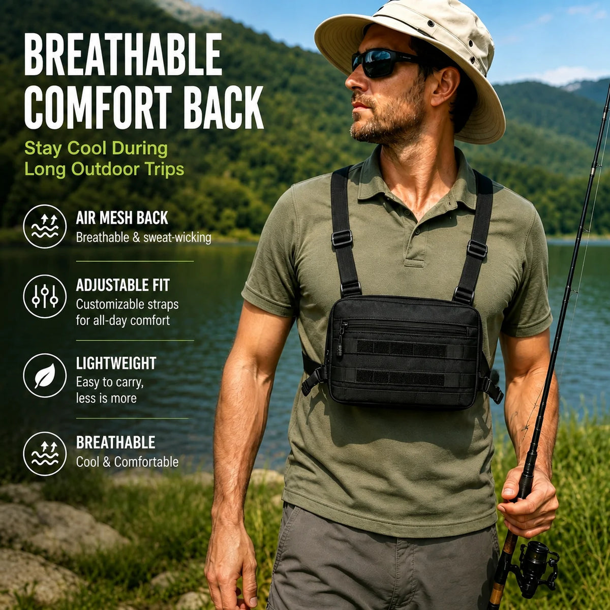 Outdoor Sports Chest Bag Motorcycle Bicycle Cycling Bag , Lightweight Molle Tactical Chest Bag for Running Hiking Fishing Travel