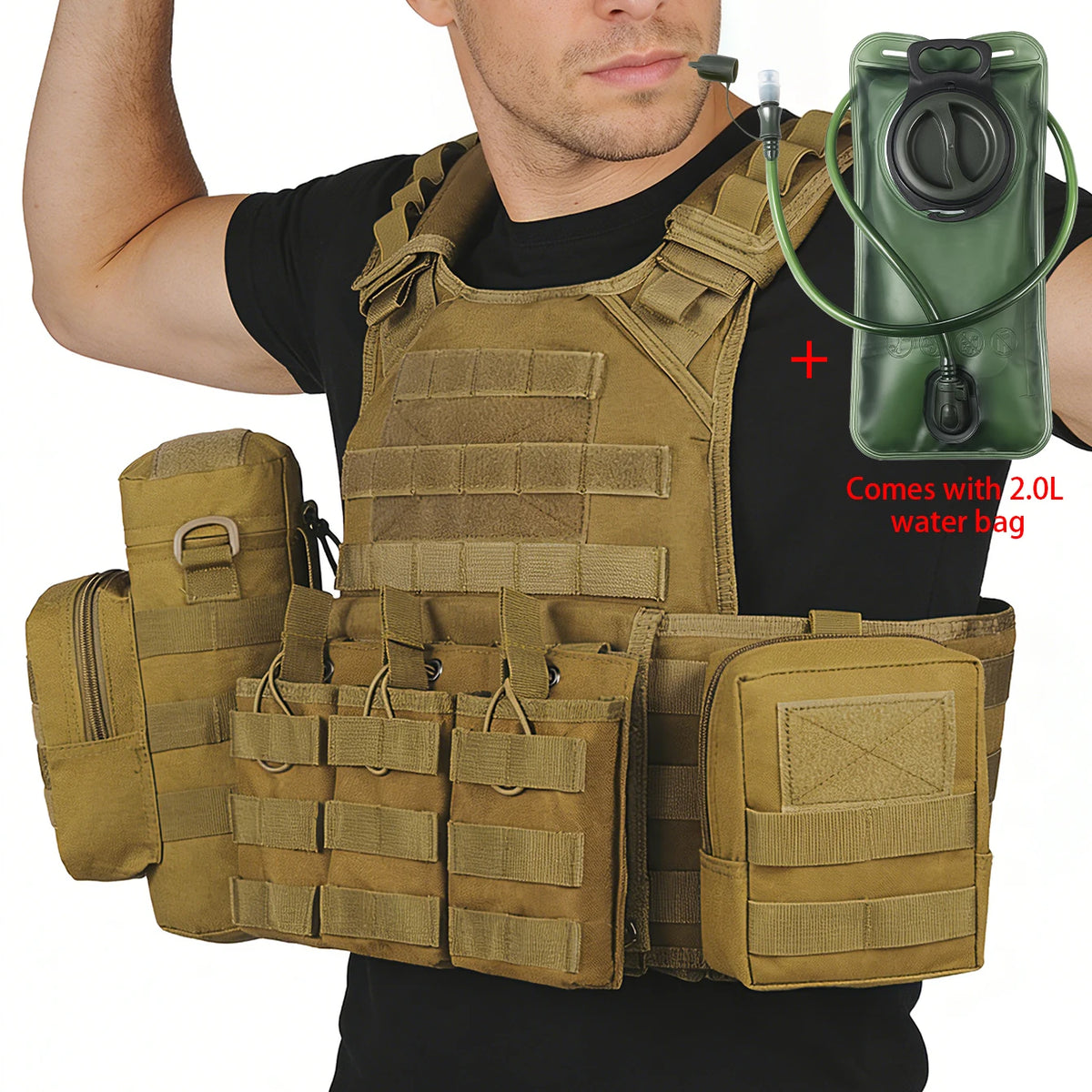 2L soft water bag with long drinking straw and hunting vest Molle modular adjustable shoulder strap, highly expandable