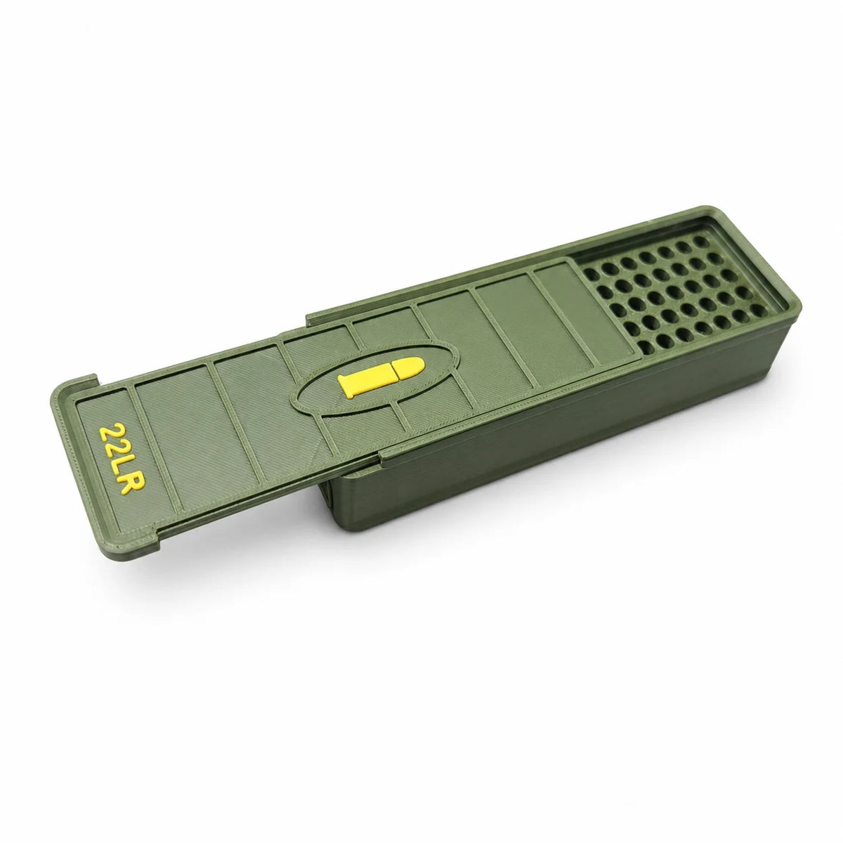 22 LR ammo drawer box, holds 50/100 rounds; made of durable plastic, portable and spill-proof.