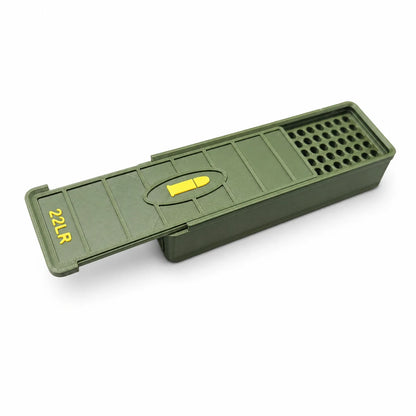 22 LR ammo drawer box, holds 50/100 rounds; made of durable plastic, portable and spill-proof.